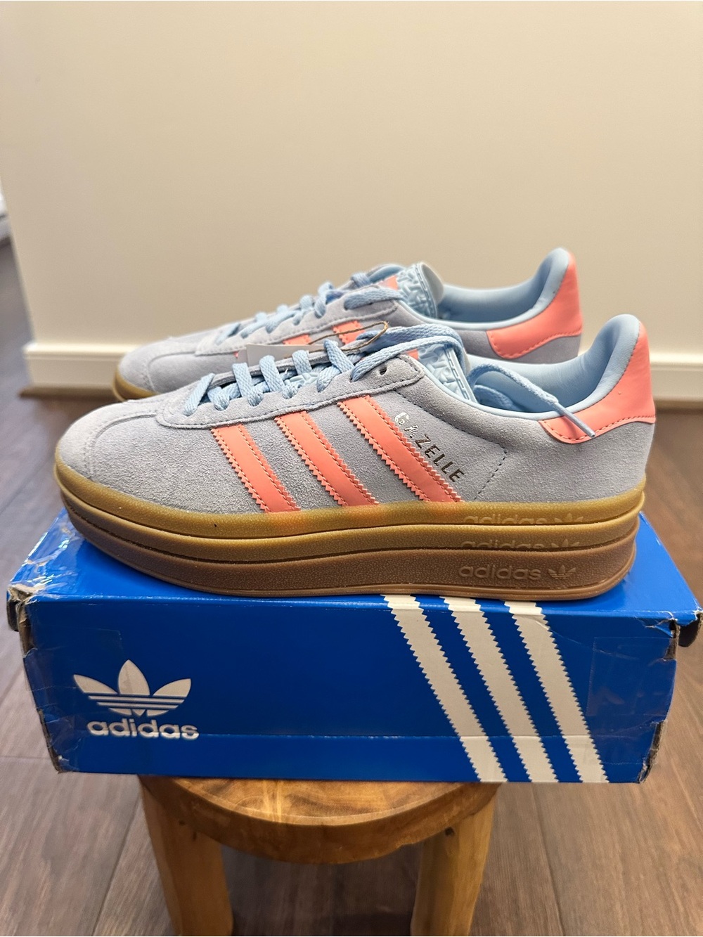 Adidas Gazelle Bold Platform Sole Light Blue Suede w/ Pink Stripe Shoes, Size: 5